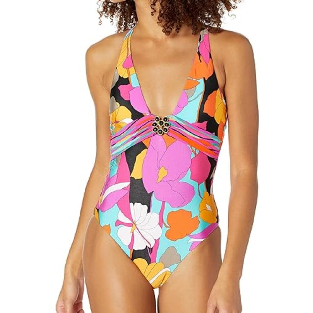 NWT TRINA TURK Gemini Plunge One Piece Floral Bright Color 6